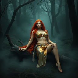 Full body buxom redhaired warrior priestess in a shimmering gold and white bikini, reclining with elegance in a dark, misty forest setting