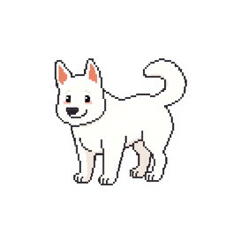 Sprite of a large white dog in pixel art style, designed within the constraints of an 8x8 grid