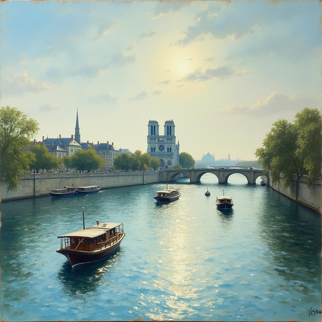 A 19th-century impressionist painting of the River Seine near Paris, France, featuring boats gently sailing on the water, with a view of the Cathedral of Notre Dame in the distance