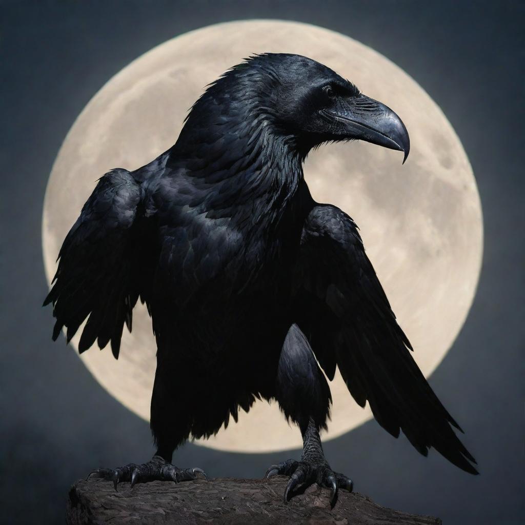 A striking depiction of a wereraven, a mysterious hybrid creature with a humanoid form morphing into a large raven, under the glow of a full moon.