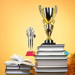 A diligent student standing atop a large stack of books, holding a gleaming trophy signifying academic excellence.