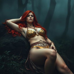 Full body buxom redhaired warrior priestess in a shimmering gold bikini, reclining with elegance in a dark, misty forest setting