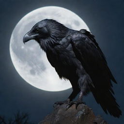 A striking depiction of a wereraven, a mysterious hybrid creature with a humanoid form morphing into a large raven, under the glow of a full moon.