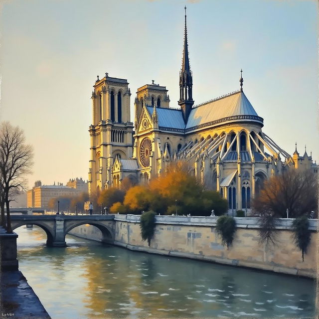 A 19th-century impressionist painting of the Cathedral of Notre Dame in Paris, France, painted in the style of Claude Monet