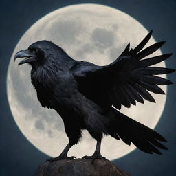 A striking depiction of a wereraven, a mysterious hybrid creature with a humanoid form morphing into a large raven, under the glow of a full moon.