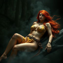 Full body buxom redhaired warrior priestess in a radiant gold bikini, reclining elegantly in a dark, misty forest setting