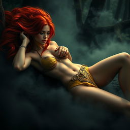 Full body buxom redhaired warrior priestess in a radiant gold bikini, reclining elegantly in a dark, misty forest setting