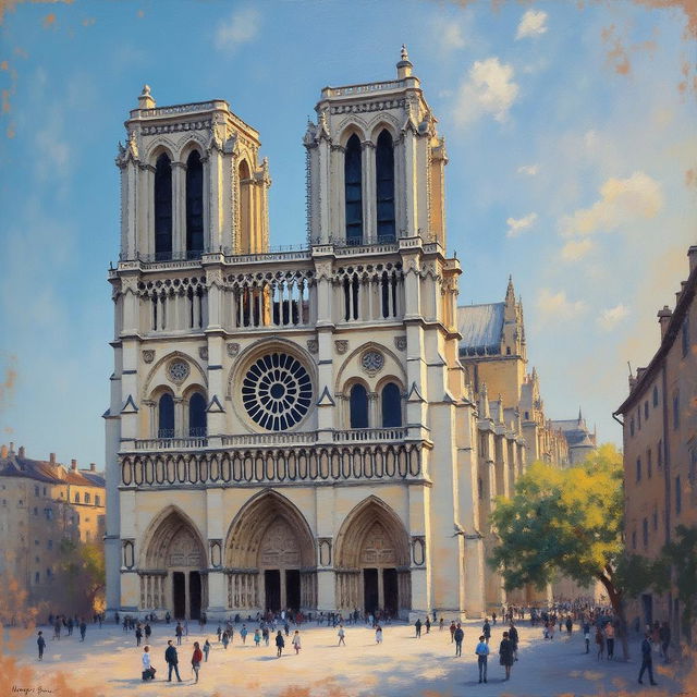 A 19th-century impressionist painting depicting the Cathedral of Notre Dame in Paris, France, crafted in the style of Claude Monet