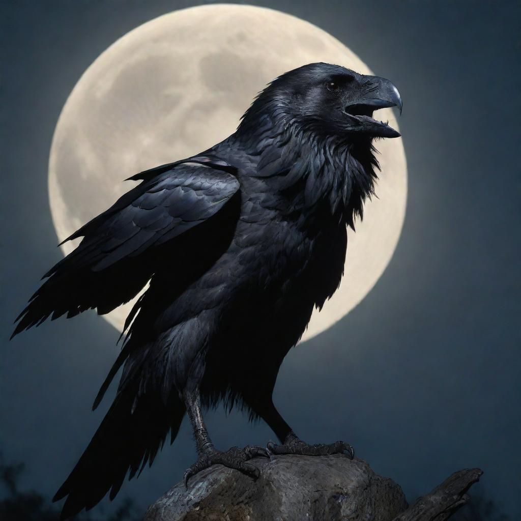 A striking depiction of a wereraven, a mysterious hybrid creature with a humanoid form morphing into a large raven, under the glow of a full moon.