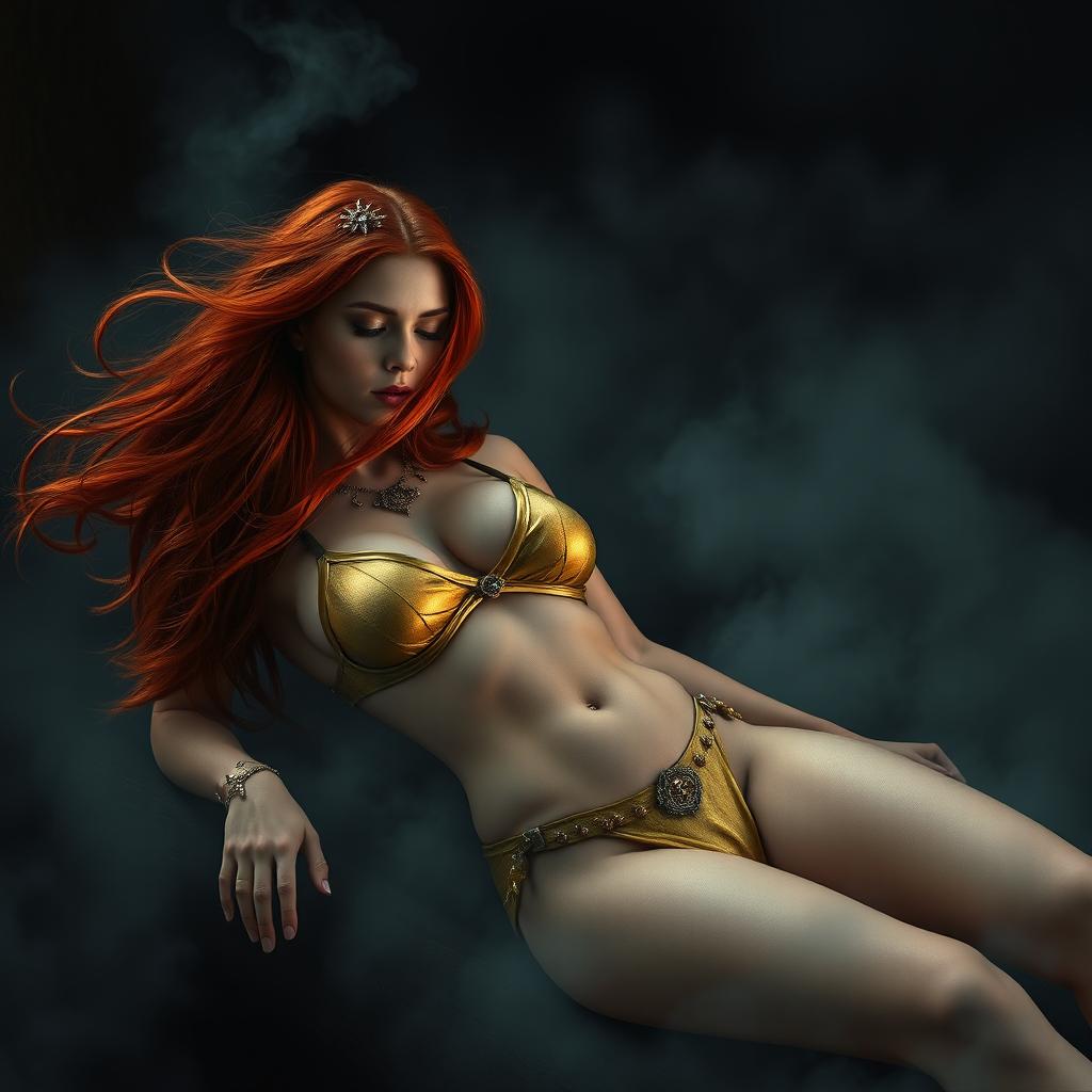 Full body buxom redhaired warrior priestess in a radiant gold bikini, reclining elegantly in a dark, misty forest setting