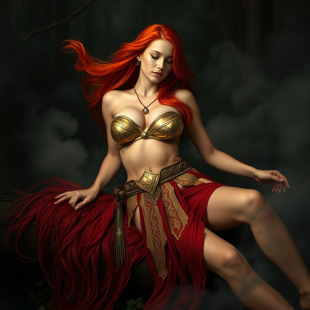 Full body buxom redhaired warrior priestess in a radiant gold bikini, reclining elegantly in a dark, misty forest setting