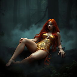 Full body buxom redhaired warrior priestess in a radiant gold bikini, reclining elegantly in a dark, misty forest setting