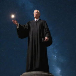 A stern, majestic judge figure standing under a starlit night sky, emanating an aura of fairness and justice.