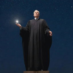 A stern, majestic judge figure standing under a starlit night sky, emanating an aura of fairness and justice.