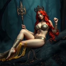 Full body buxom redhaired warrior priestess in a shimmering gold bikini, elegantly reclining in a dark, misty forest setting