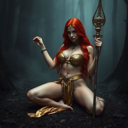 Full body buxom redhaired warrior priestess in a shimmering gold bikini, elegantly reclining in a dark, misty forest setting