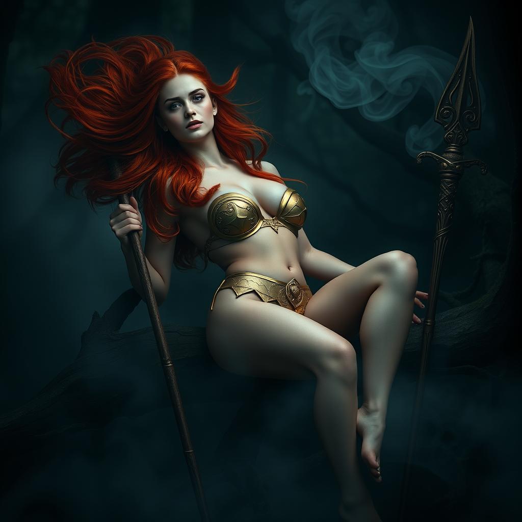 Full body buxom redhaired warrior priestess in a radiant gold bikini, reclining elegantly in a dark, misty forest setting