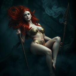 Full body buxom redhaired warrior priestess in a radiant gold bikini, reclining elegantly in a dark, misty forest setting