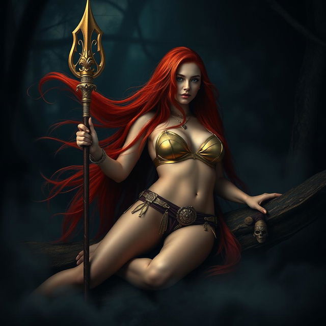 Full body buxom redhaired warrior priestess in a radiant gold bikini, reclining elegantly in a dark, misty forest setting