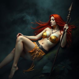 Full body buxom redhaired warrior priestess in a radiant gold bikini, reclining elegantly in a dark, misty forest setting