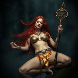 Full body buxom redhaired warrior priestess in a radiant gold bikini, reclining elegantly in a dark, misty forest setting