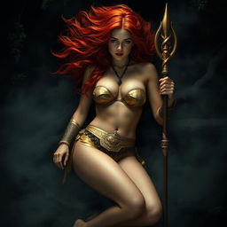 Full body buxom redhaired warrior priestess in a radiant gold bikini, reclining elegantly in a dark, misty forest setting