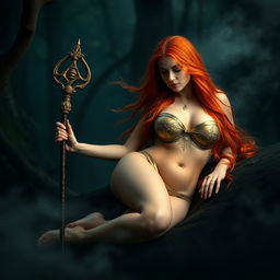 Full body buxom redhaired warrior priestess in a radiant gold bikini, reclining elegantly in a dark, misty forest setting