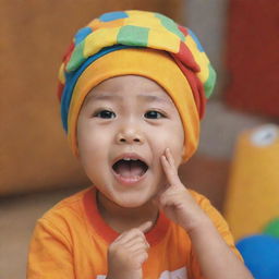 Animasi seorang anak laki-laki yang enerjik memakai topi unik berbentuk cumi-cumi dan kaos yang juga dilukis gambar cumi-cumi, dalam gaya yang berwarna-warni dan ramah.