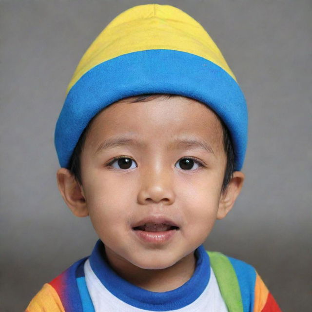 Animasi seorang anak laki-laki yang enerjik memakai topi unik berbentuk cumi-cumi dan kaos yang juga dilukis gambar cumi-cumi, dalam gaya yang berwarna-warni dan ramah.