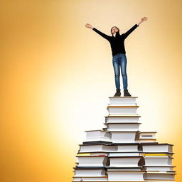 A diligent student standing atop a large stack of books, holding a gleaming trophy signifying academic excellence.