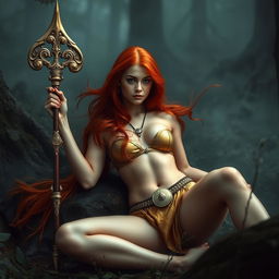 Full body buxom redhaired warrior priestess in a shimmering golden bikini, reclining gracefully amidst a dark, misty forest