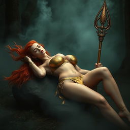 Full body buxom redhaired warrior priestess in a radiant gold bikini, reclining elegantly in a dark, misty forest setting