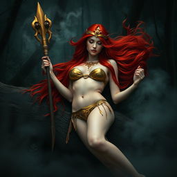 Full body buxom redhaired warrior priestess in a radiant gold bikini, reclining elegantly in a dark, misty forest setting