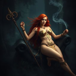 Full body buxom redhaired warrior priestess in a radiant gold bikini, reclining elegantly in a dark, misty forest setting