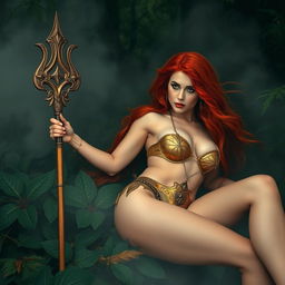 Full body buxom redhaired warrior priestess in a glistening gold bikini, reclining confidently in a dark, misty forest