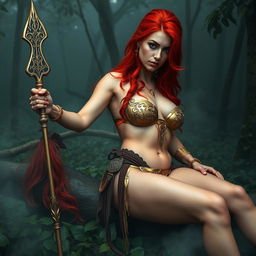 Full body buxom redhaired warrior priestess in a glistening gold bikini, reclining confidently in a dark, misty forest