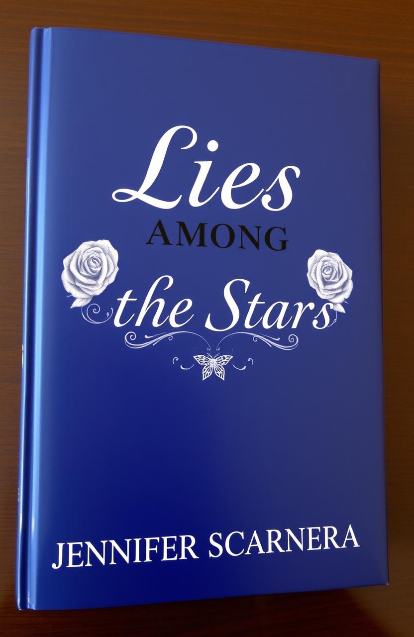 A dark blue book cover featuring the title 'Lies Among The Stars' in elegant black font, accompanied by intricate silver roses surrounding the title