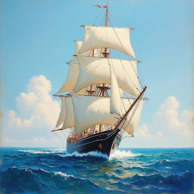 A 19th-century impressionist painting of a majestic schooner sailing with its sails full and billowing in the wind