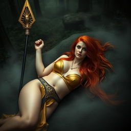 Full body buxom redhaired warrior priestess in a lustrous gold bikini, laying down in a dark, misty forest