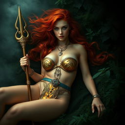 Full body buxom redhaired warrior priestess in a lustrous gold bikini, laying down in a dark, misty forest