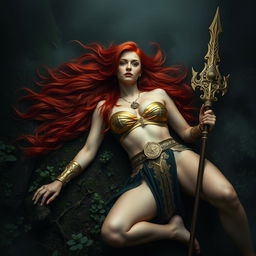 Full body buxom redhaired warrior priestess in a lustrous gold bikini, laying down in a dark, misty forest