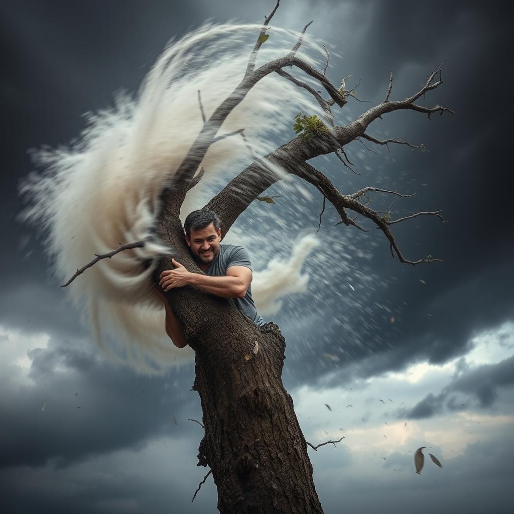 A dramatic scene of a powerful storm, with a man clinging tenaciously to a sturdy tree