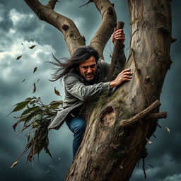 A dramatic scene of a powerful storm, with a man clinging tenaciously to a sturdy tree