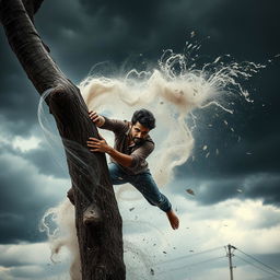 A dramatic scene of a powerful storm, with a man clinging tenaciously to a sturdy tree