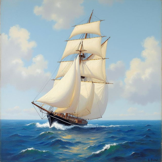 A 19th-century impressionist painting of a schooner sailing with its sails fully billowed, capturing the dynamic motion of the ship cutting through the waves