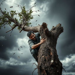 A dramatic scene of a powerful storm, with a man clinging tenaciously to a sturdy tree