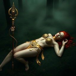 Full body buxom redhaired warrior priestess in a lustrous gold bikini, laying down in a dark, misty forest