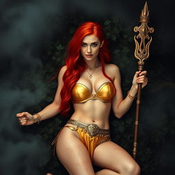 Full body buxom redhaired warrior priestess in a lustrous gold bikini, laying down in a dark, misty forest