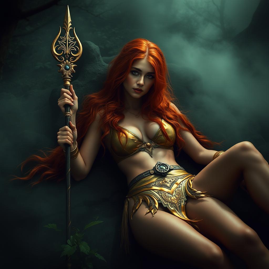 Full body buxom redhaired warrior priestess in a lustrous gold bikini, laying down in a dark, misty forest