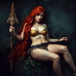 Full body buxom redhaired warrior priestess in a lustrous gold bikini, laying down in a dark, misty forest